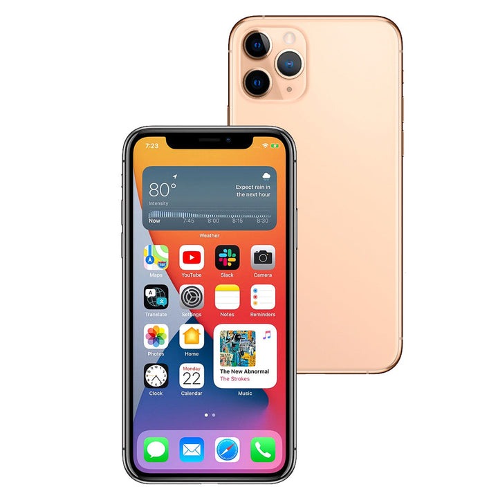 Smartphone displaying app icons with a gold phone case on a white background