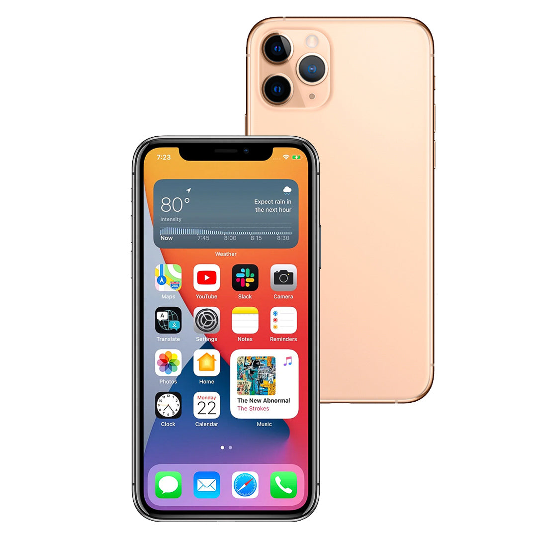 Smartphone displaying app icons with a gold phone case on a white background