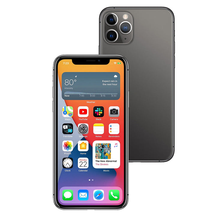 Smartphone with app icons displayed on the screen and another angle showing the back of the phone.