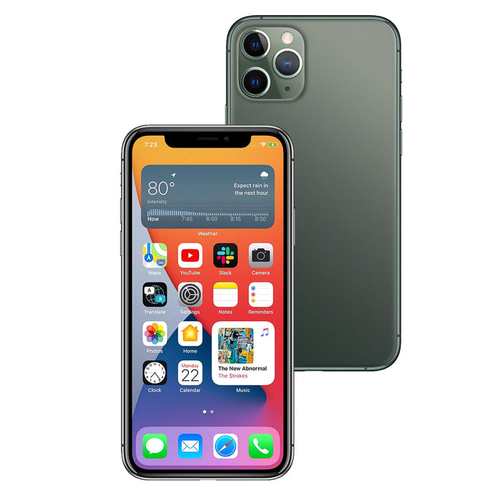 Smartphone with app icons displayed on the screen and another angle showing the back of the phone.
