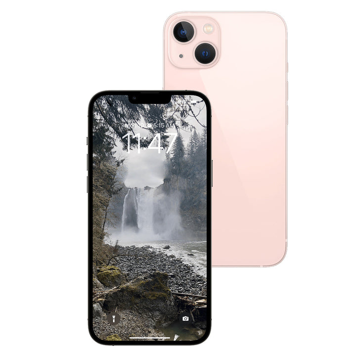 Smartphone displaying a waterfall scene with a white phone case on a white background