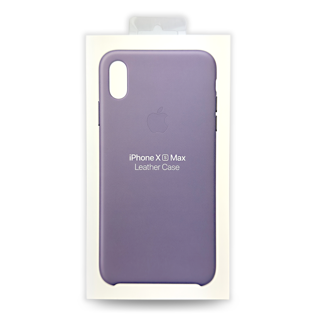 Purple leather case for iPhone X Max in packaging on a white background